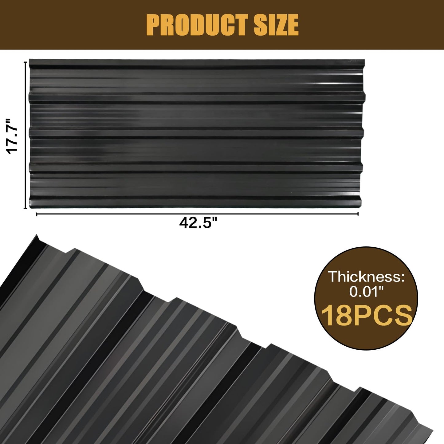 Metal Roofing Panels 20 pcs (105ft²),L42.52×W17.72 Heavy-Duty Galvanized Steel Roof Panels with Steel Screws for Garages, Sheds, Stables, and Mobile Homes (Black, 20pcs/L42.52)