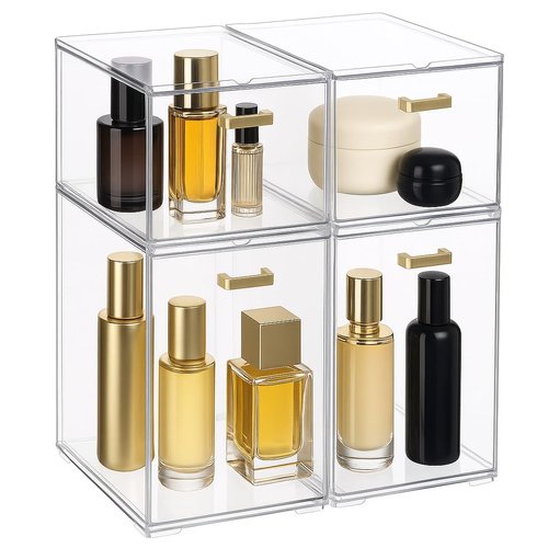 LALOBLUE Clear Stackable Drawer Organizer, 4 Pack Acrylic Storage Drawers with Pull-Out Design, Space-Saving Organizer for Bathroom, Vanity, Kitchen & Office