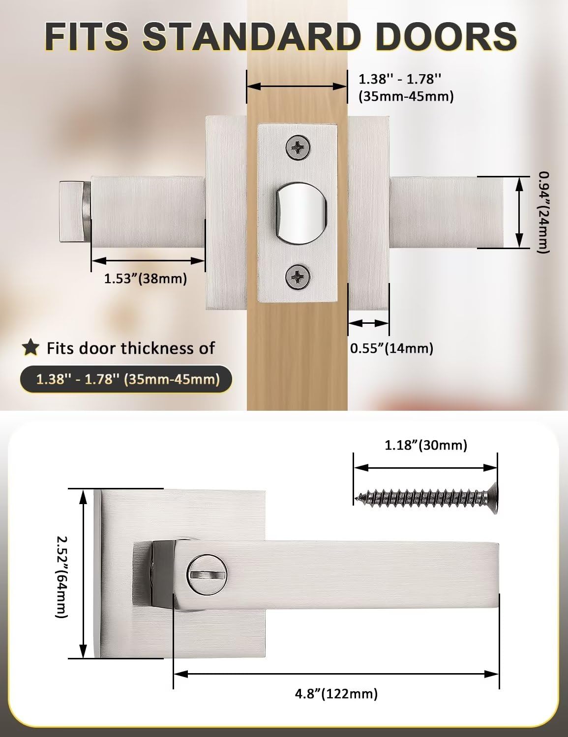 Tinewa 10 Pack Privacy Square Brushed Nickel Door Handles Interior, Keyless Door Knobs for Bedroom/Bathroom, Reversible for Left Right Handed Doors