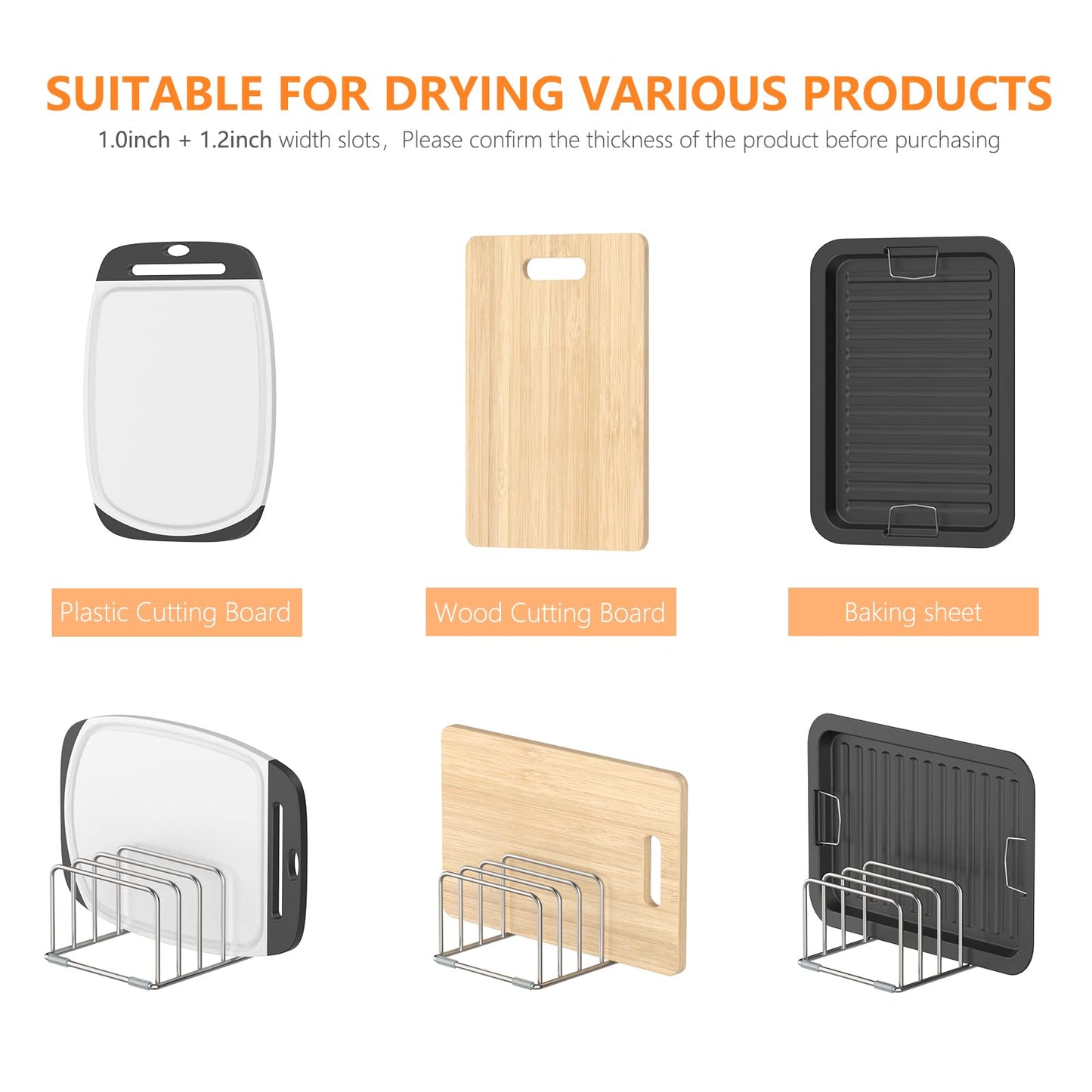 KORRTFID Cutting Board Holder Stand, Chopping Board Storage Rack, Cutting Board Organizer, 304 Stainless Steel Chopping Board Holder, Cookie Sheets Organizer 1.0+1.2 Inch Width Slots(Large)