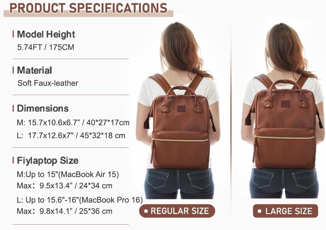 Backpack 14-15 Inch Backpack 15 Kah&Kee Leather Laptop for Women, Professional Work Bag, Water-Resistant Vegan Leather