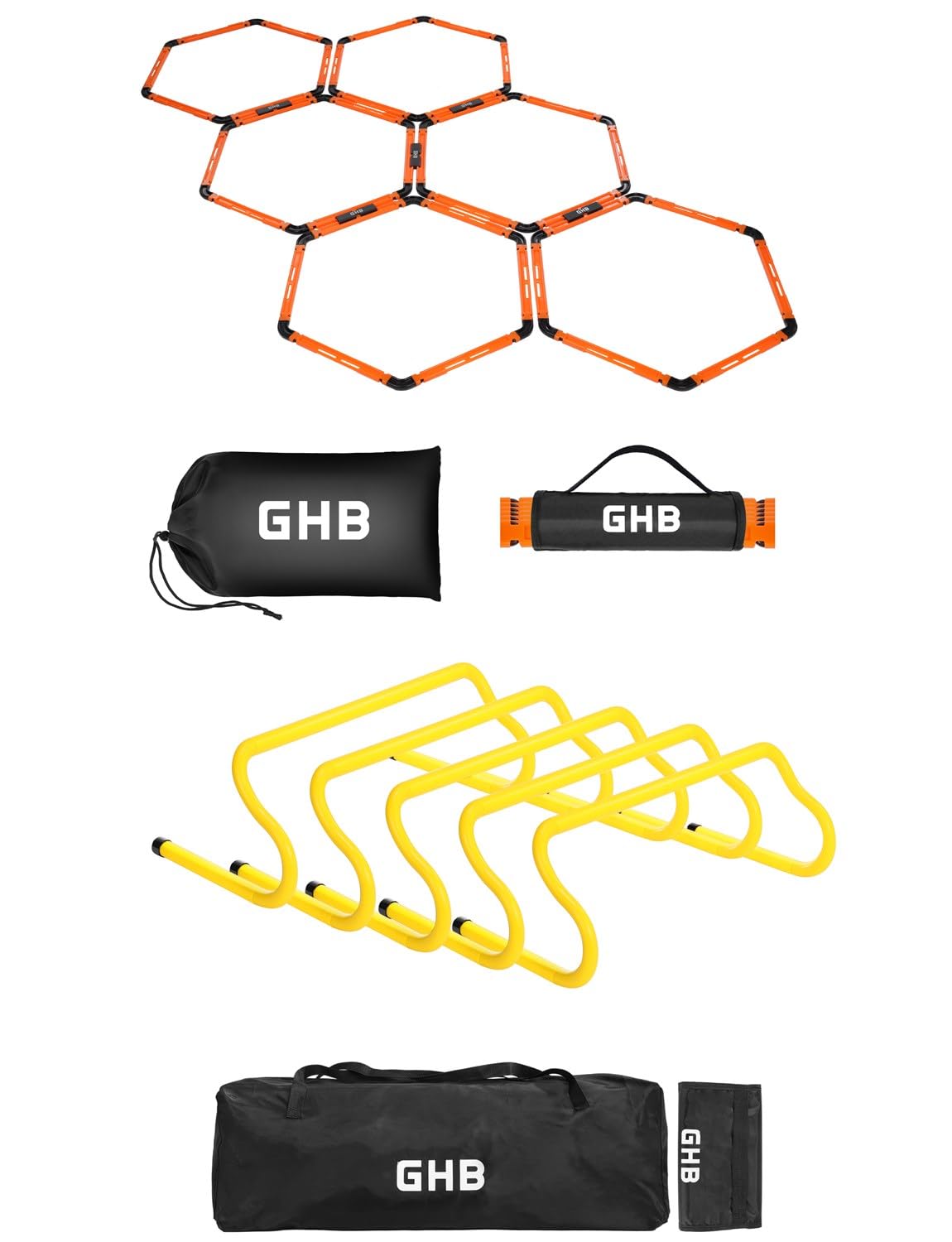 GHB Hex Agility Rings 1 Pack and 5 Pack 8" Agility Hurdles 1 Pack