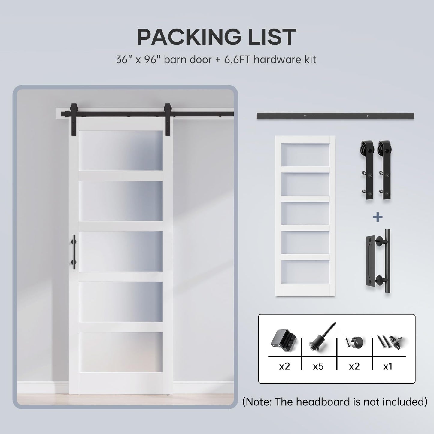 ROYMELO 36x96 Inch Glass Sliding Barn Door Slab and 6.6ft Hardware Kit Included, 5 Frosted Glass, LVL Wood Panel Covered with White Water-Proof Scratch-Proof PVC Surface, Simple DIY Assembly