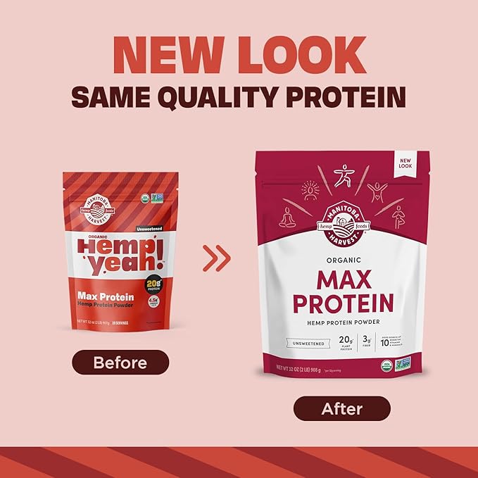 Manitoba Harvest Hemp Yeah Organic Max Protein Powder, Unsweetened, 32oz, with 20g Protein and 4.5g Omegas 3&6 per Serving, Keto-Friendly, Preservative Free, Non-GMO, Packaging May Vary