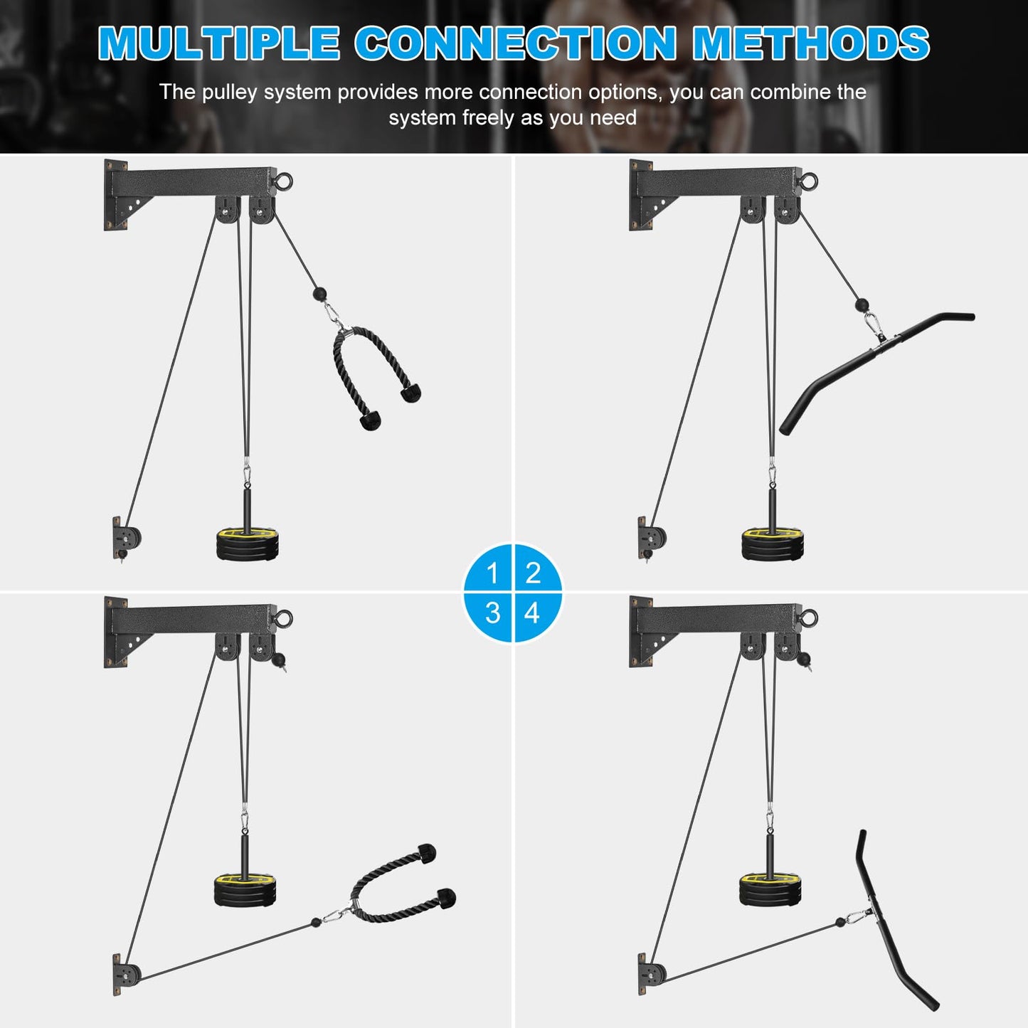 Wall Mounted Pulley System, Low Cable Machine Pulley System for LAT Pulldown, Biceps Curl Home Gym Equipment with Fitness Pull Down Bar, Tricep Rope