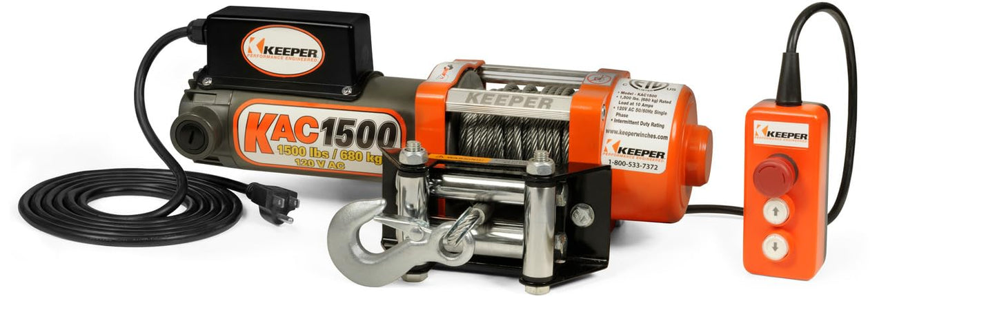 KEEPER Electric Winch 110/120V AC with Remote, Hand Held Control, 1500 lb. Capacity, AC Power, ATV, Truck, SUVs, Large Vehicles, Trailer Winch