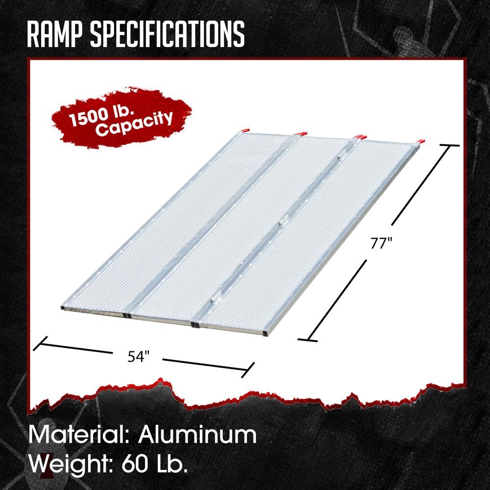 Black Widow Aluminum Folding ATV Ramp w/ Extra Wide Punch Plate, 1,500 lbs Capacity, 6’ 5” - Heavy-Duty Loading Ramp for Trucks and Trailers