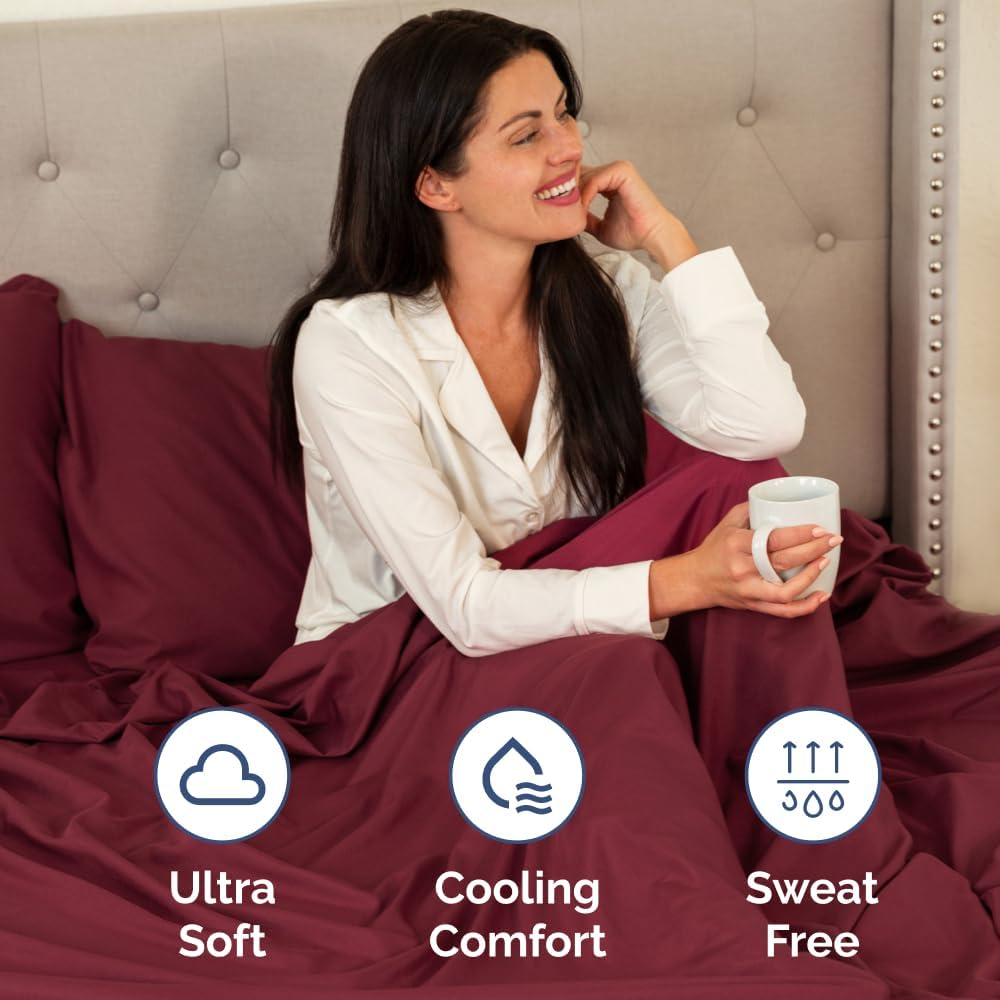 Skiennix Short Queen Size 4-Piece Sheet Set - Soft, Breathable & Cooling Bedding - Deep Pockets - Oeko-Tex Certified - Burgundy