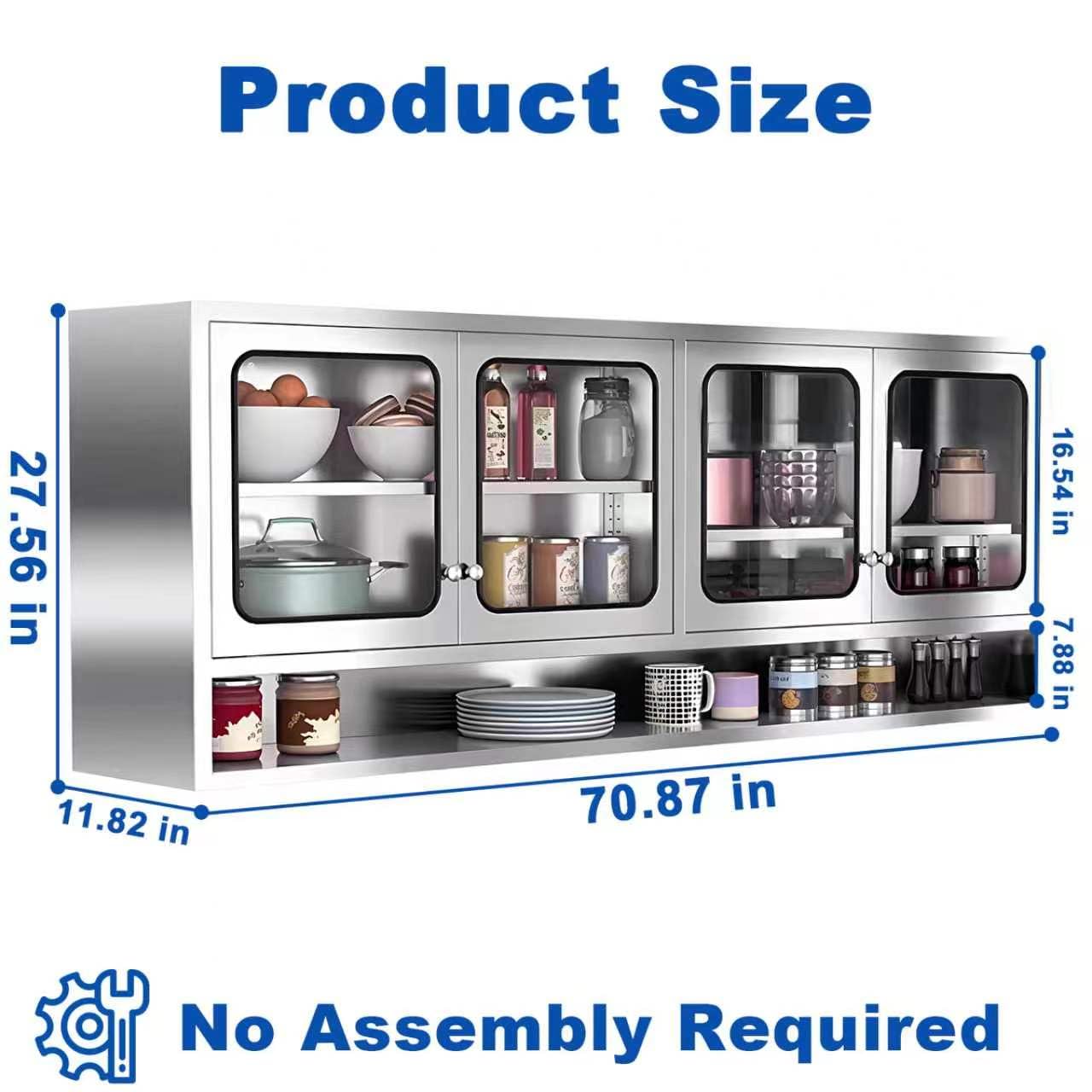 ZZV Kitchen Wall Cabinet, Stainless Steel Wall Mounted Cabinet with Adjustable Shelves, Industrial Wall Storage Cabinet for Garage, Warehouse, No Assembly Required, 11.82D x 70.87W x 27.56H in