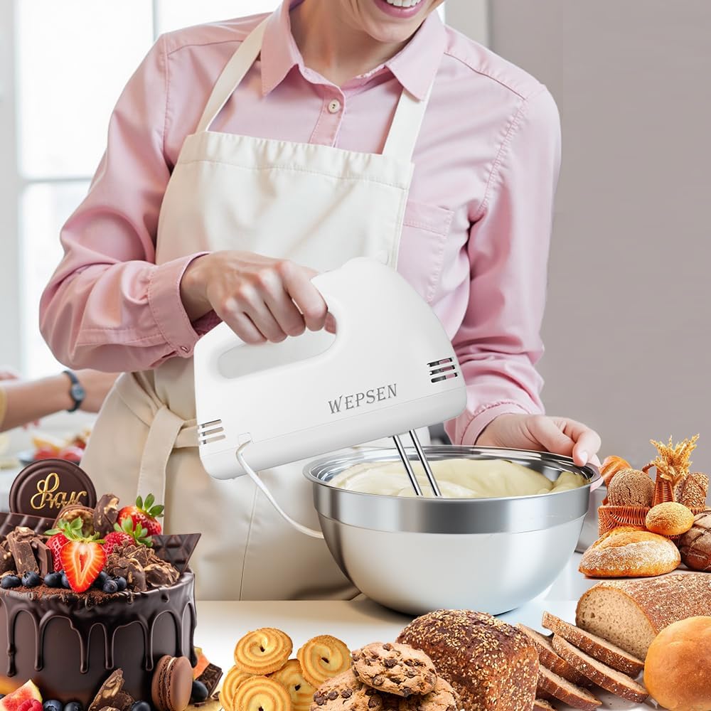 Skiennix 5-Speed Electric Hand Mixer - Includes 4 Large Mixing Bowls & Stainless Steel Whisks | Perfect for Baking