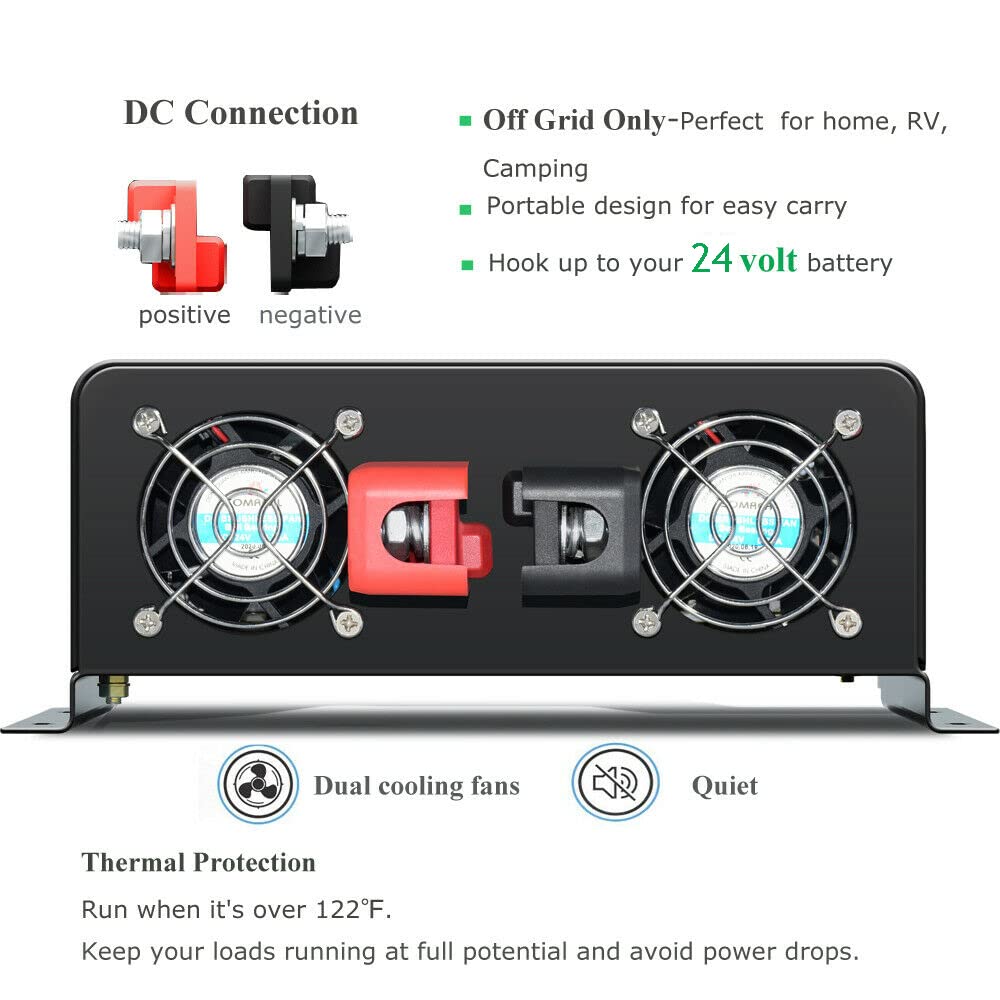 WZRELB Pure Sine Wave Power Inverter 5000Watts 24VDC to 120VAC 10KW Peak Dual AC Outlets 2× 2.4A USB Port &Hardwire Terminal Off-Grid Solar Converter RV Trucks