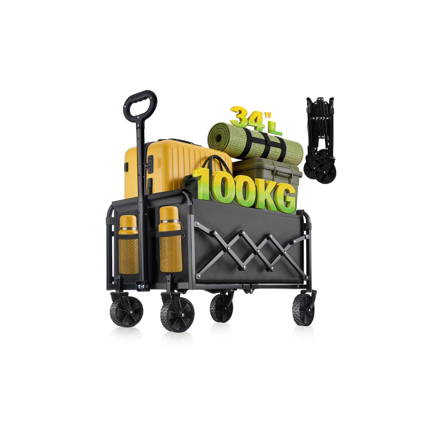 100KG Collapsible Foldable Wagon Carts - Heavy Duty Portable Folding Utility Wagons with All-Terrain Wheels for Grocery Sports Shopping Camping Garden Beach, 2 Drink Holders/Lightweight/Black