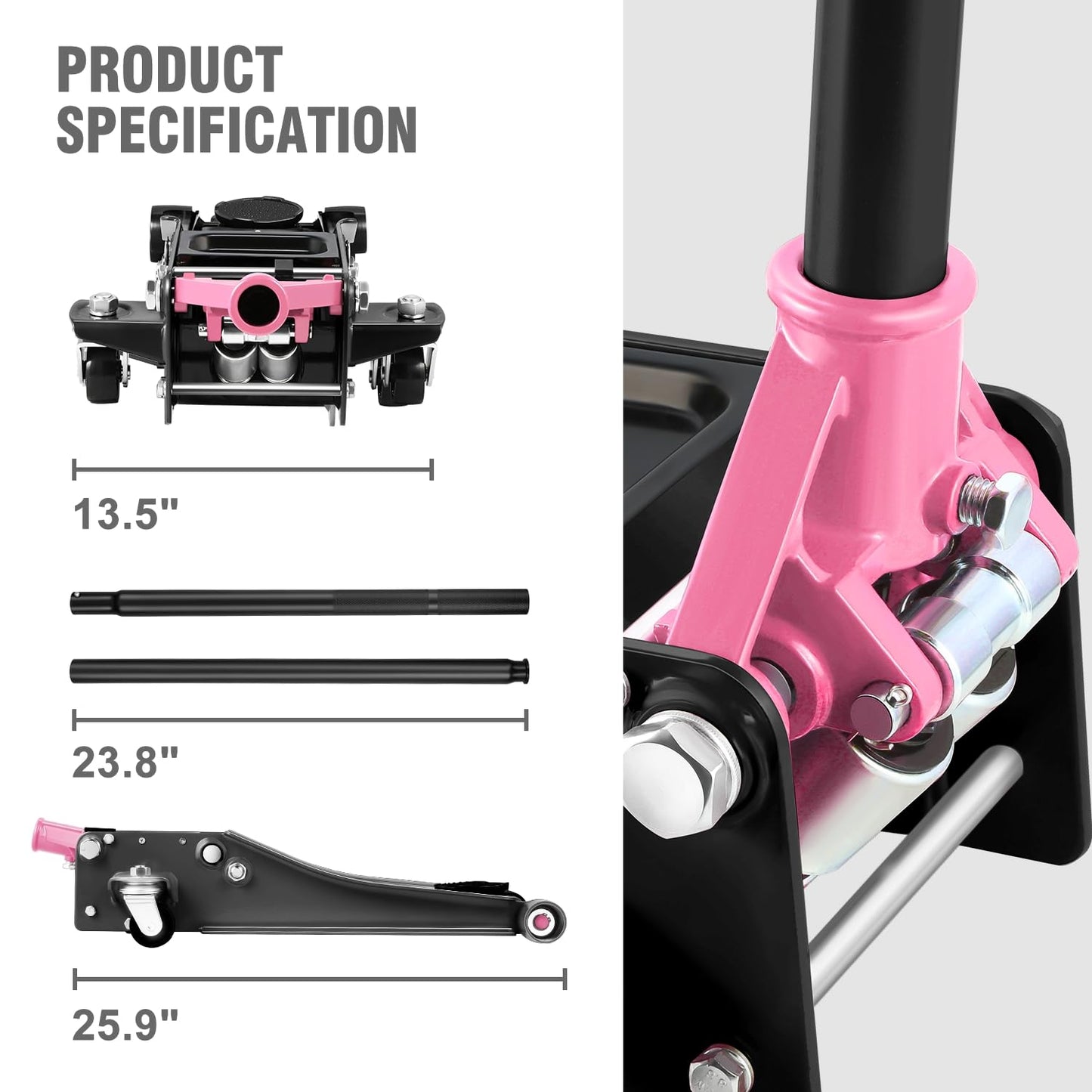 DNA Motoring Low Profile Hydraulic Trolley Service/Floor Jack, 3 Ton (6000 lbs) Capacity, Lifting Range 3"-20", Pink, TOOLS-00475-PK