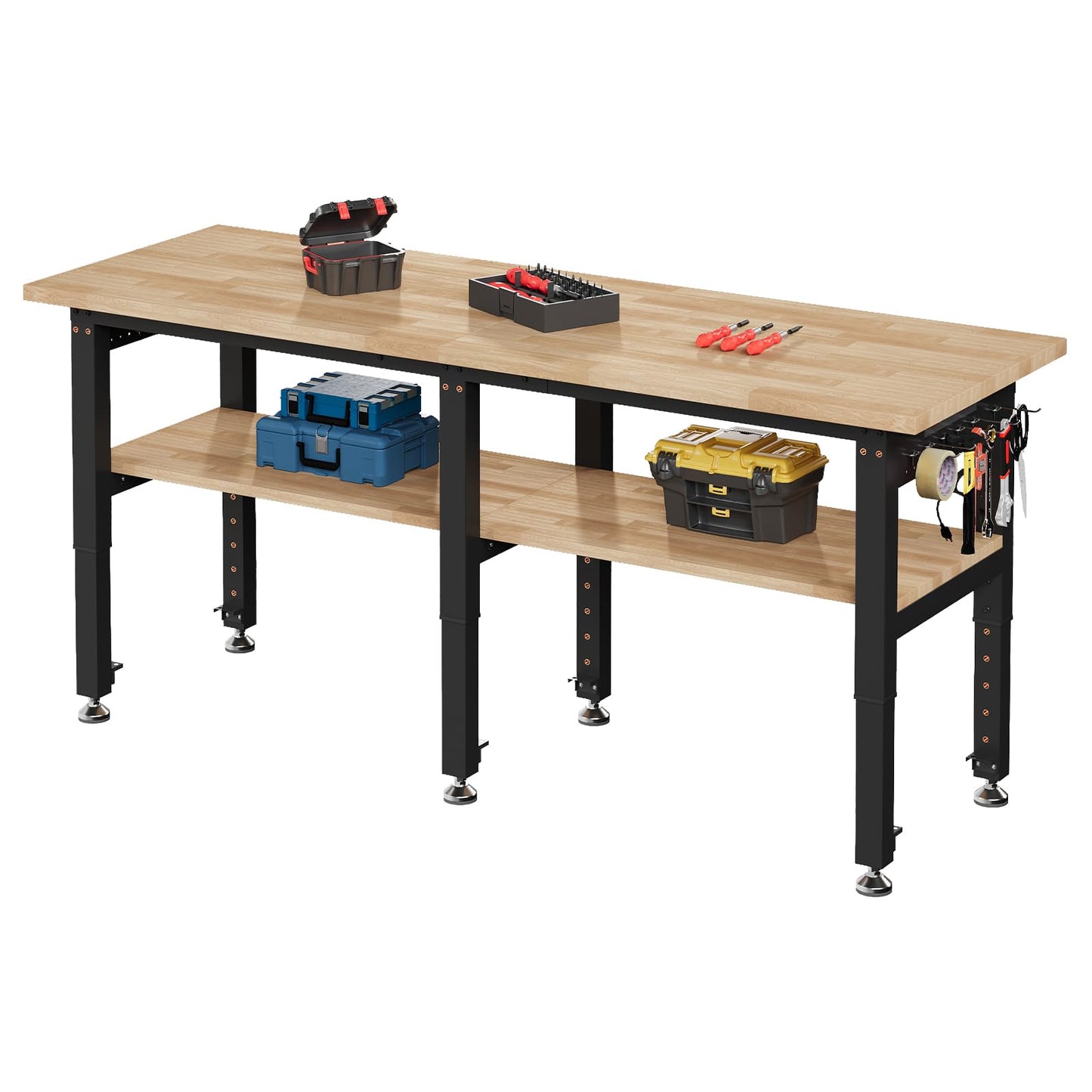 SPECRAFT 72"x24" 2-Tier Adjustable Workbench with 4 AC Outlet and 2 USB Ports Power Outlets, 6000 Lbs Capacity Heavy Duty Workbench, Rubber Wood Top for Garage, Workshop, Office