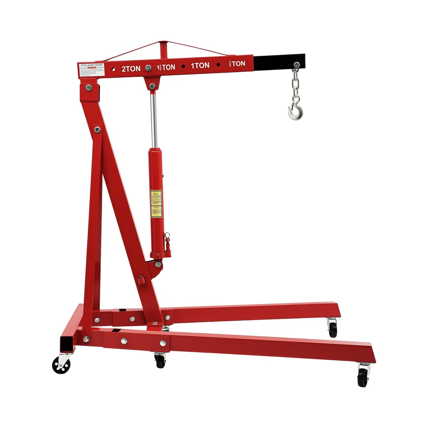 2T Hydraulic Engine Hoist, Folding Engine Crane, 6.89ft Lifting Height 4 Adjustable Positions Carbon Steel Material Argon Arc Welding Crane Complete Set W/6 Universal Wheels For Workshops, Red