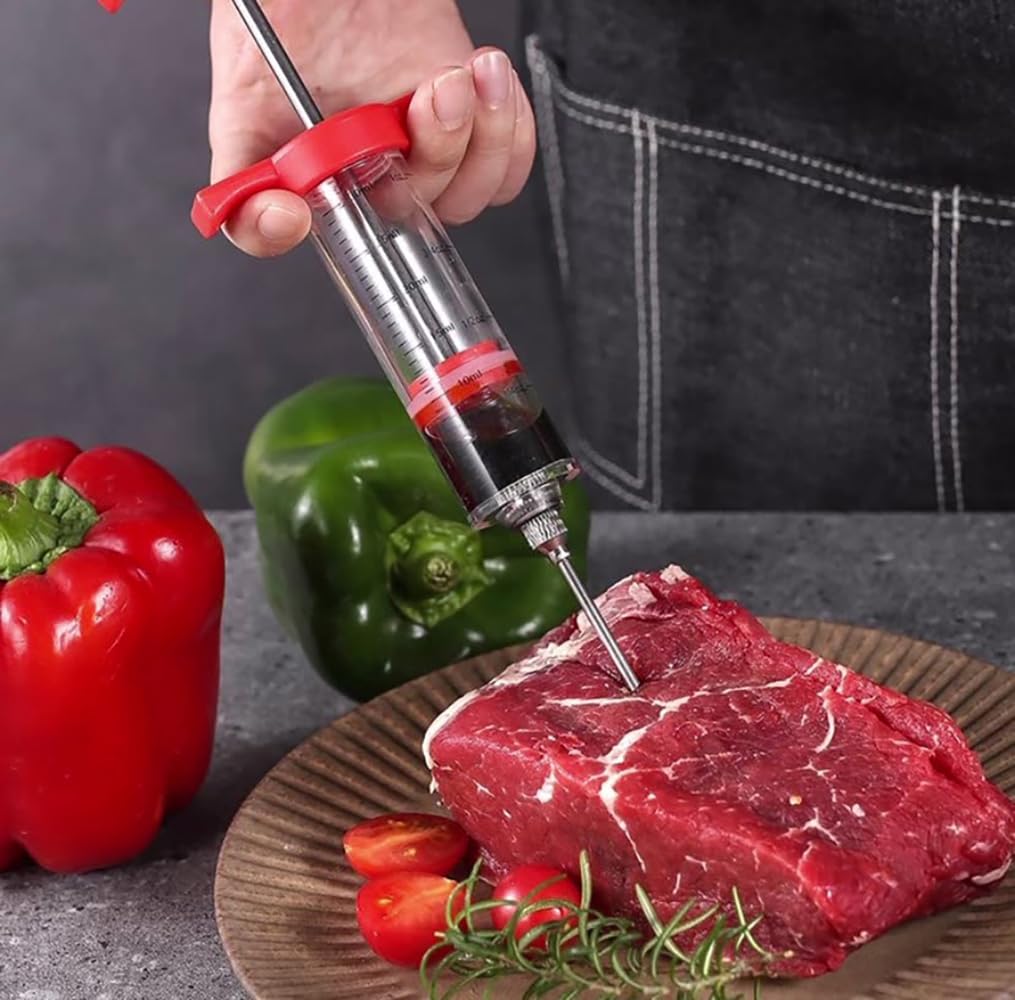 Plastic Meat Injector, Turkey Injector Syringe, Marinade Injector Turkey Injection Kit, Meat Injectors for Smoking, BBQ Grill Injector, Red 1oz (1 Injector 1 Needle)