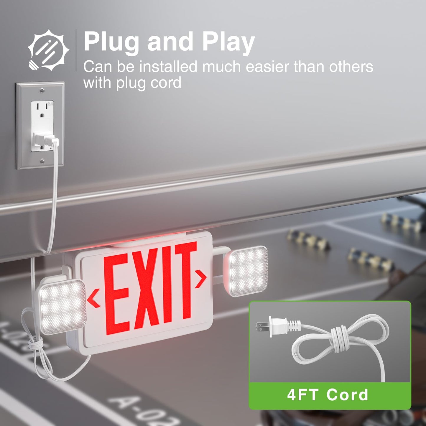 FREELICHT 2 Pack Red Exit Signs with Emergency Lights, 4FT Plug in Cord, Exit Sign with Battery Backup Lights for Business, Two LED Adjustable Head Emergency Exit Light, AC 120V