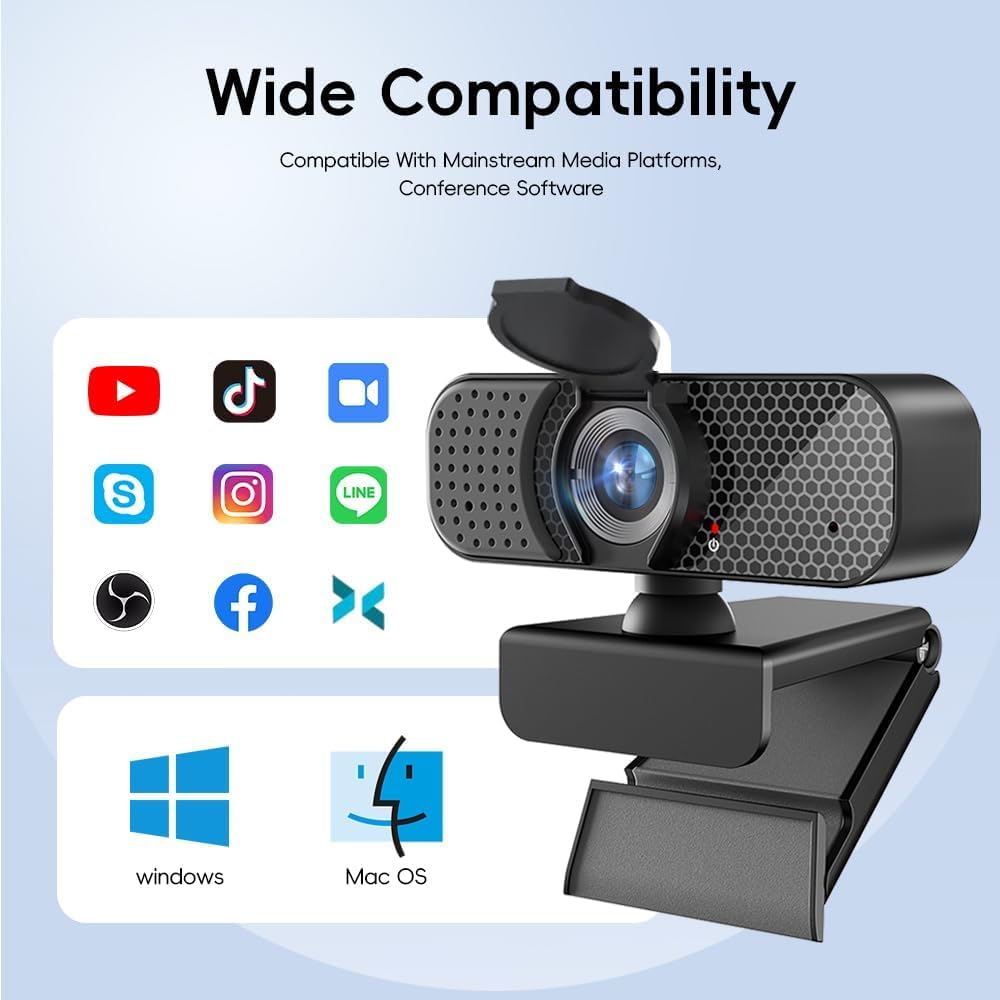 Kemeiv 2K Webcam PC Webcam with Microphone and Physical Privacy Cover, Noise-Canceling Microphone, Auto Light