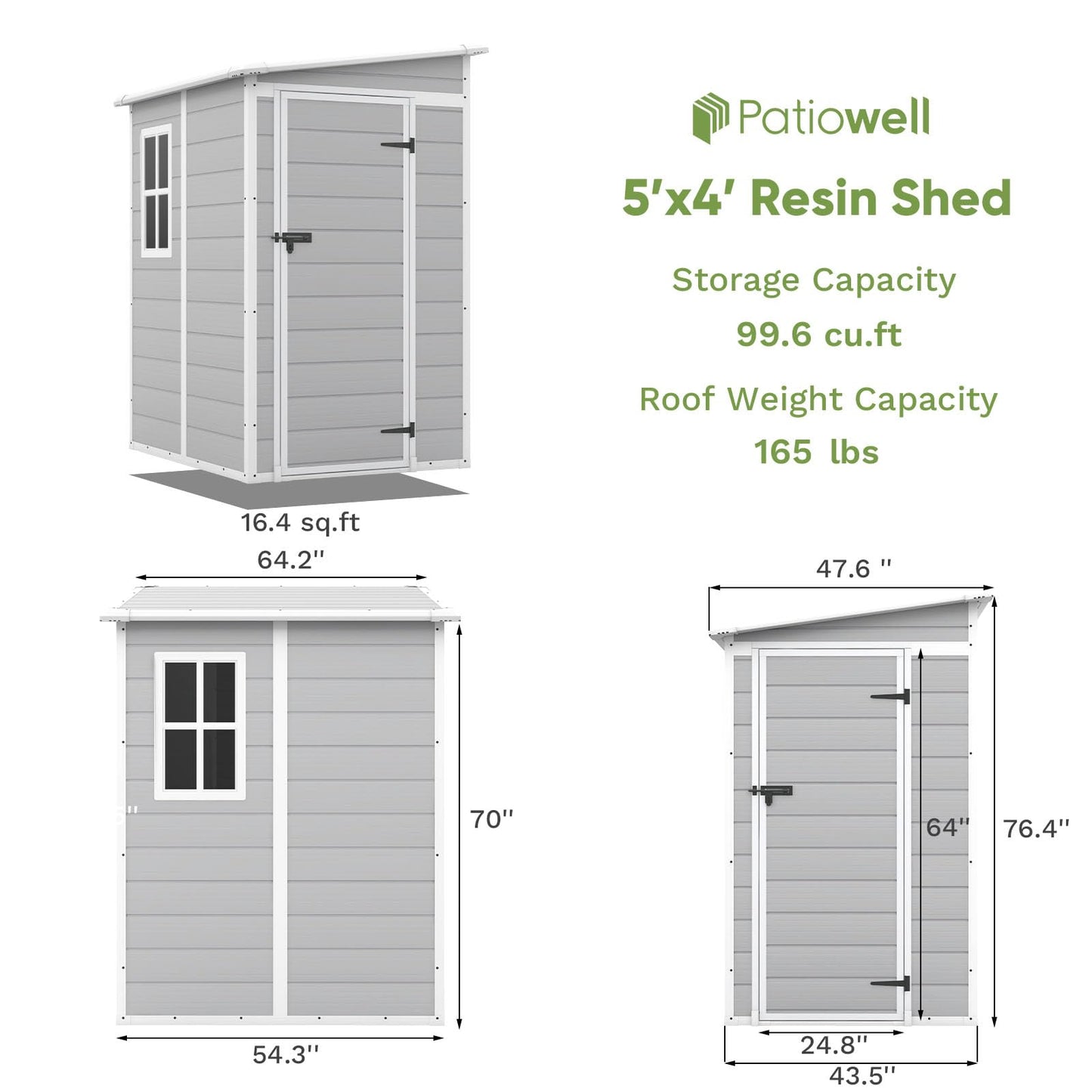 Patiowell 5x4 FT Outdoor Storage Shed with Floor, Resin Outside Storage Shed with Floor & Lockable & Window Door for Patio Furniture, Garden Tools and Bicycle, Light Gray