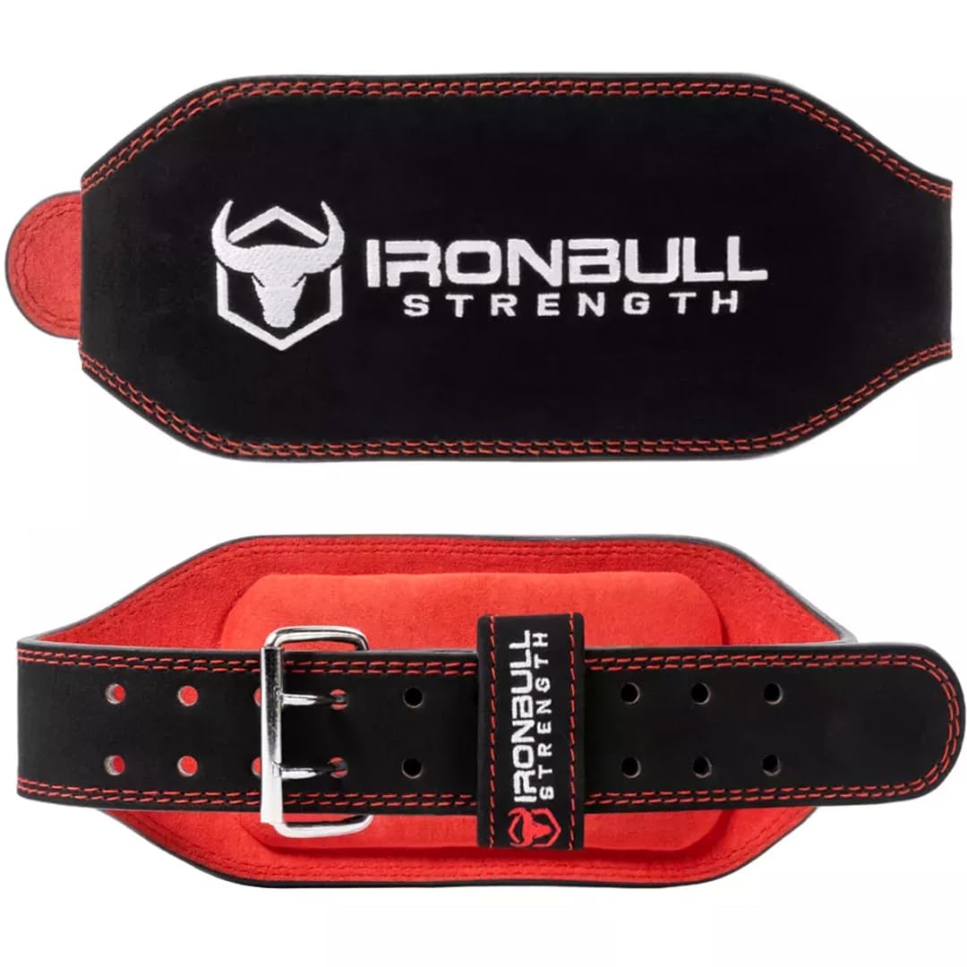 Iron Bull Strength Padded Weightlifting Belt - 6-inch Suede Leather Weight Belt - Heavy Duty and Comfortable Back Support for Heavy Weight Lifting, Crossfit and Fitness (Black/Red, Medium)
