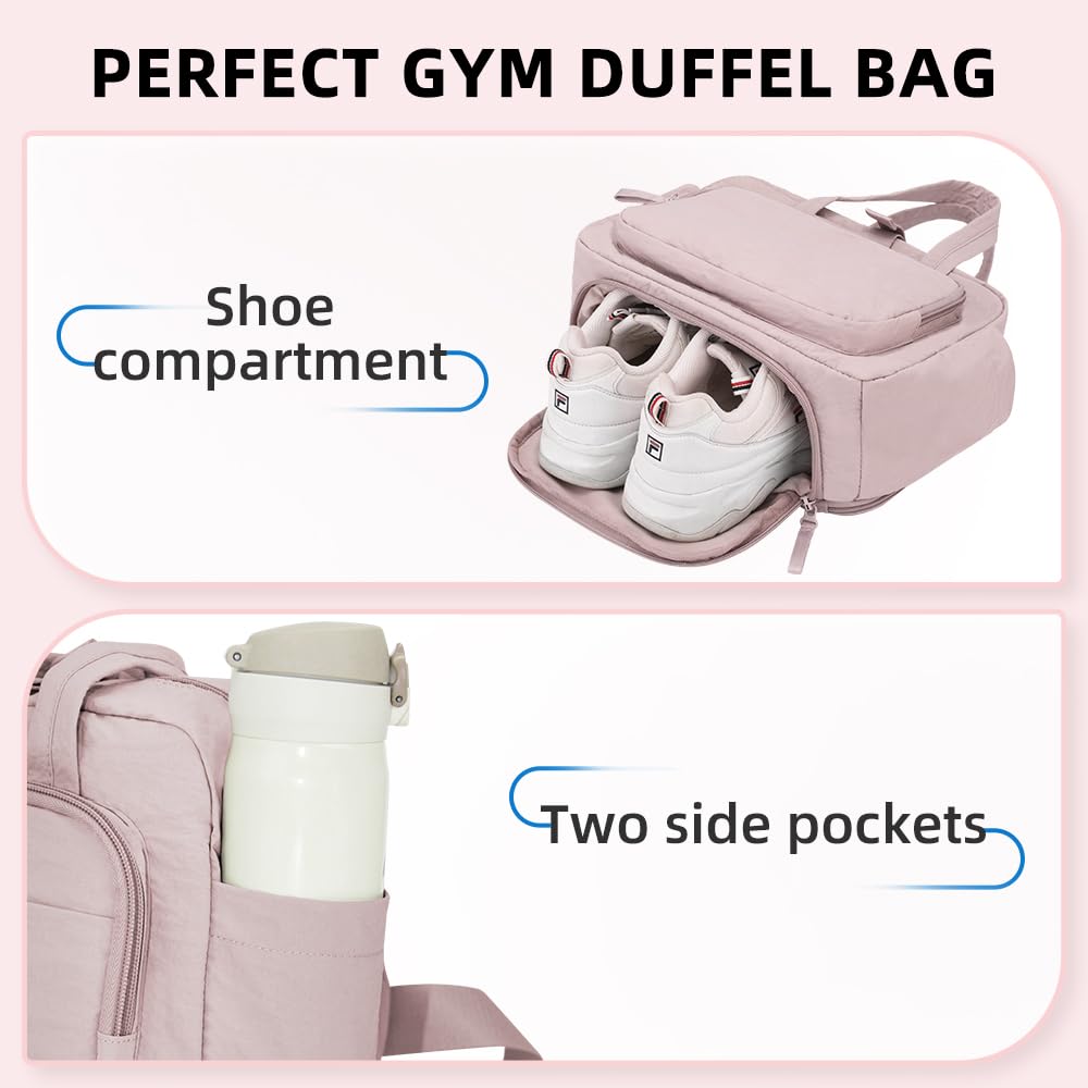 Geelraqaly mini gym bag for women, travel duffel bag with wet pockets and Shoe Compartment,Lightweight carry on weekender duffel, water resistant,for sports,yoga,dance,pink