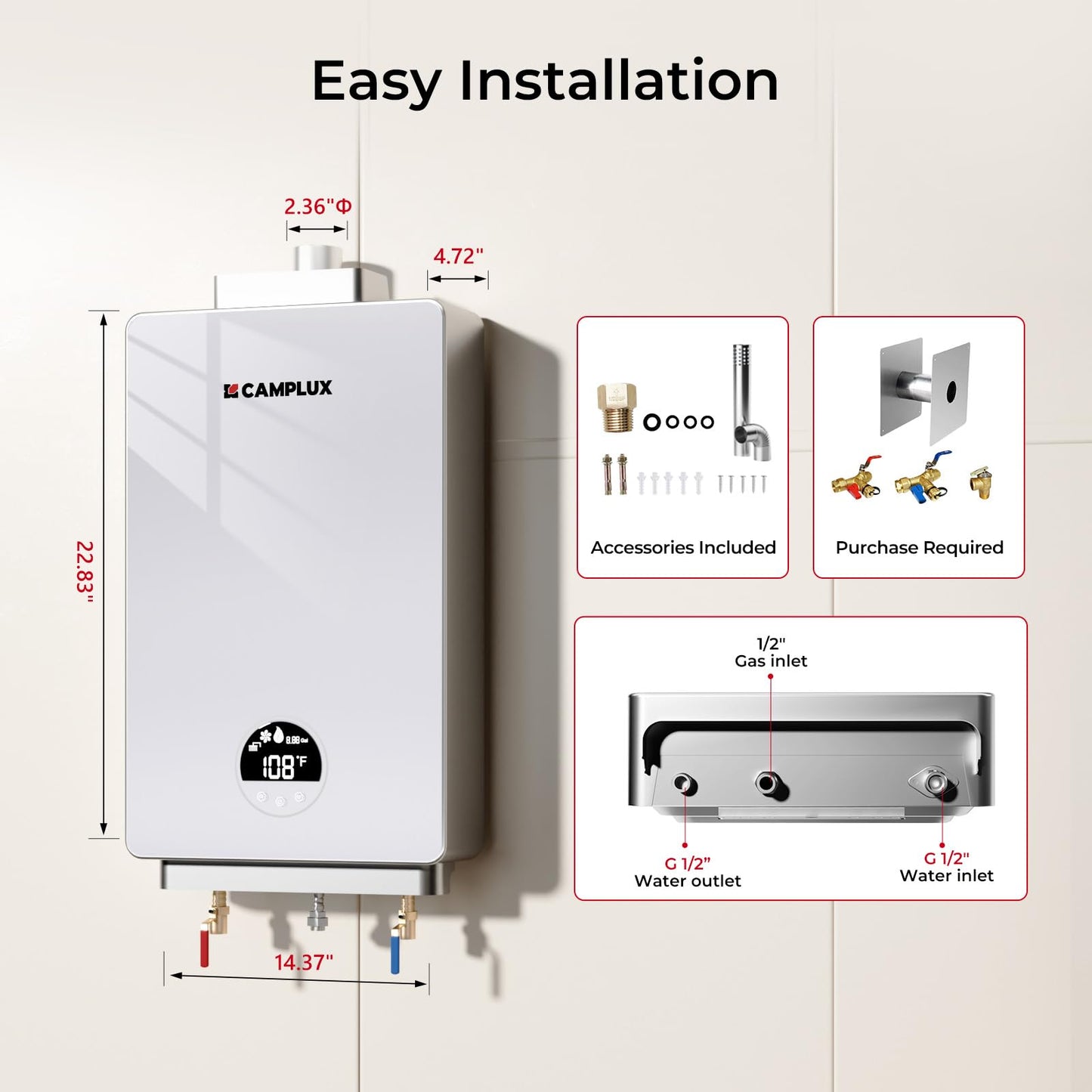 CAMPLUX Tankless Water Heater Natural Gas, 3.18 GPM Up to 3.8 GPM 82,000 BTU On demand Residential Tankless Hot Water Heater Gas Indoor for Mobile Home, Constant Temperature System, White