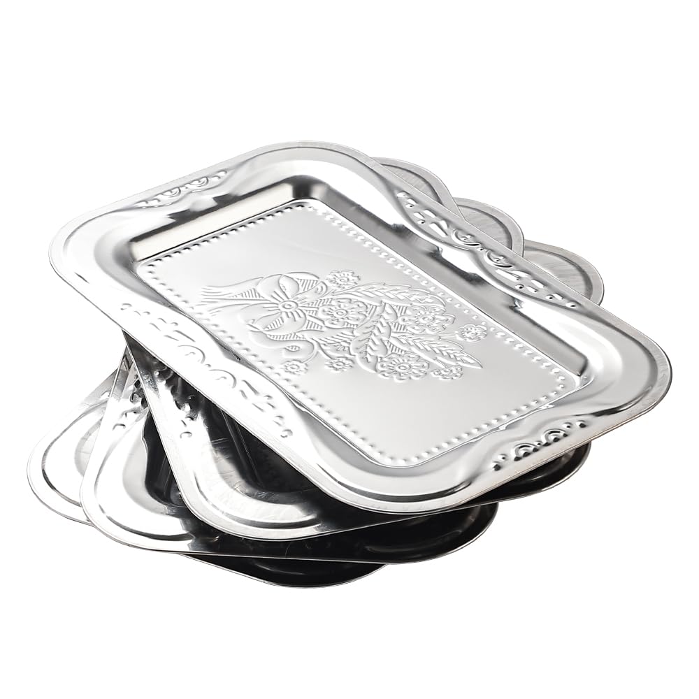 4-Pack Silver Serving Trays Set - ZENOVLUX Lightweight Bow Floral Engraved Mirror Decorative Tray, 13.8" x 8.7" Party Platters for Easter, Food, Appetizer, Charcuterie, Cookies, Desserts