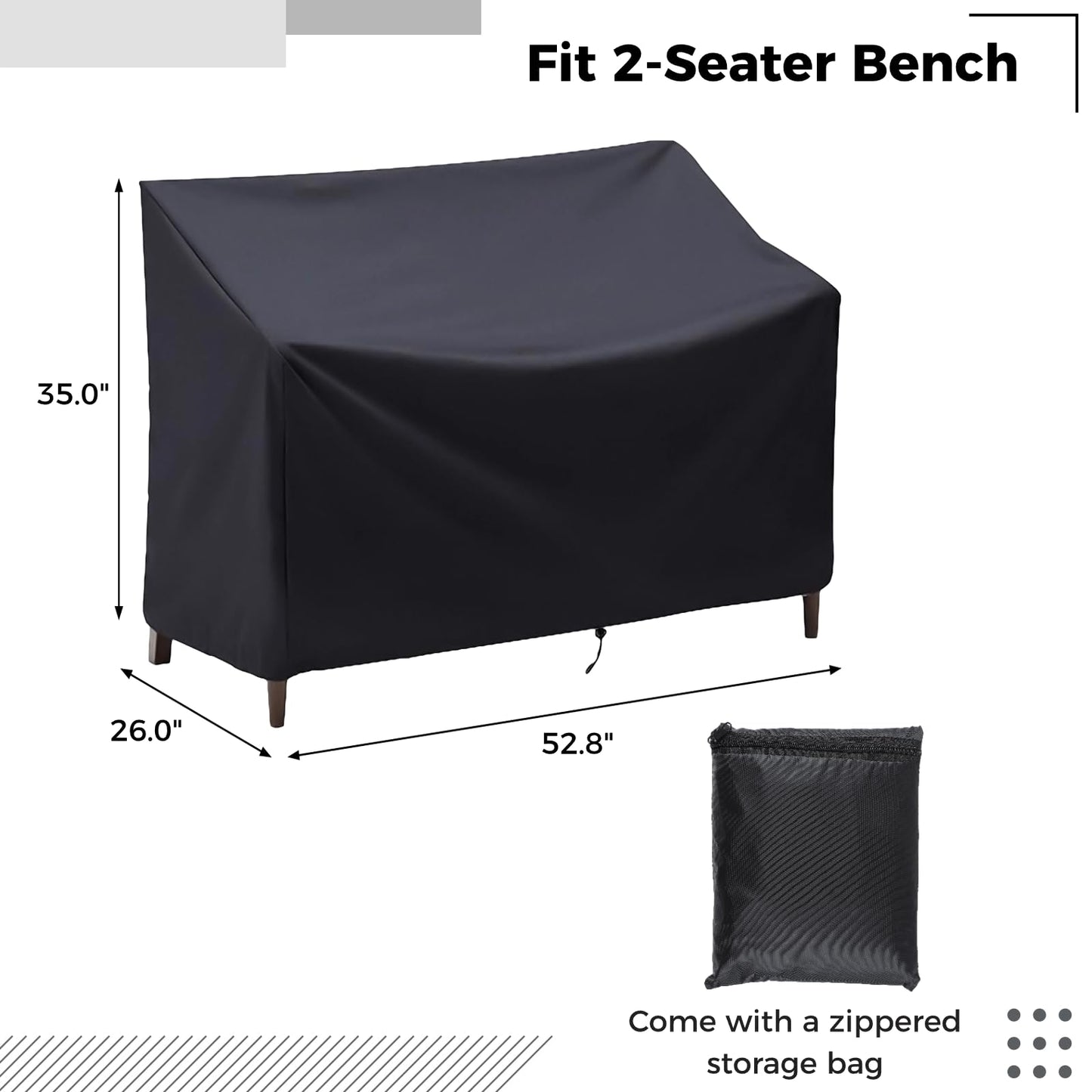 Outdoor Bench Cover, 2 Seater Patio Bench Cover, Waterproof Heavy Duty Furniture Cover with Air Vents, Buckles and Drawcord, All Weather UV Dust Protection for Porch Deck Garden, 53 x 26 x 35 in