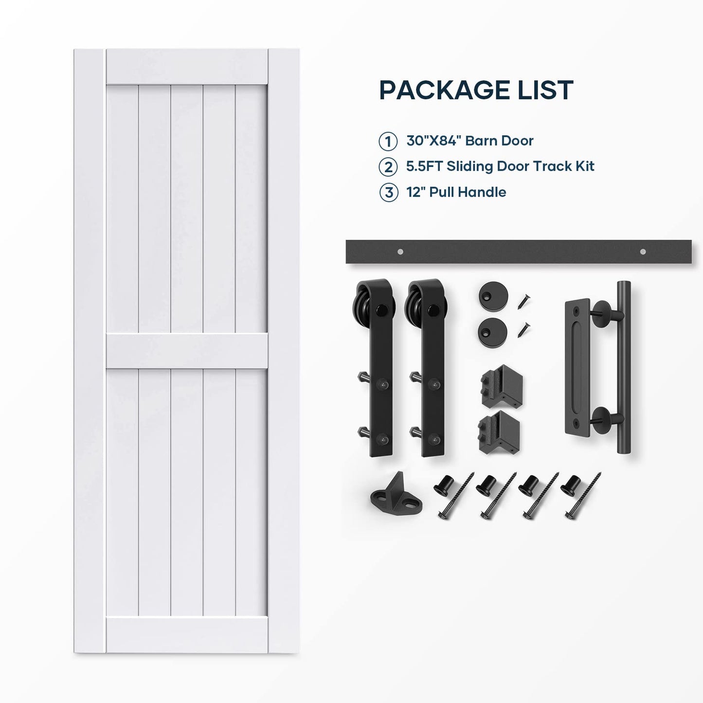 EaseLife 30 x 84 inch White Barn Door with 5.5FT Sliding Door Hardware Kit Included & Handle,Solid Wood Covered with Waterproof PVC Surface,DIY Assemblely,Easy Install,H-Frame,Fit 26-28in Wide Opening