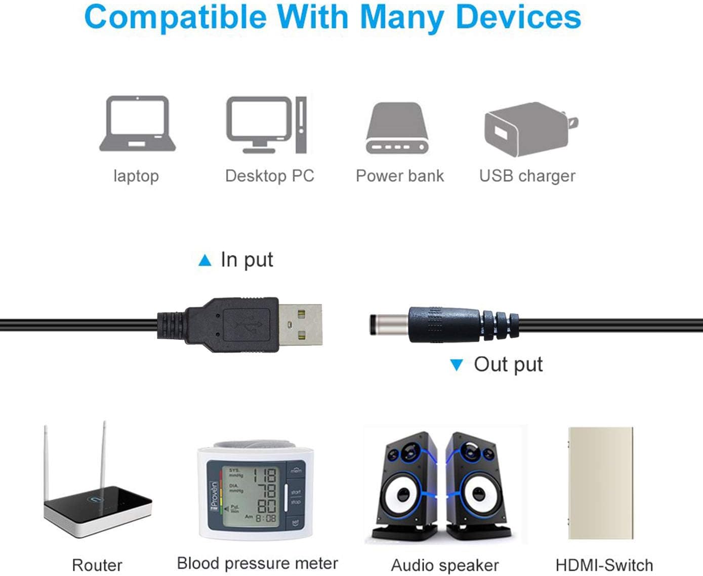 2-Pack 1.5m/4.92ft 5.5mm 2.1mm 5V USB A Male to x DC Power Plug Connector Cable - Black
