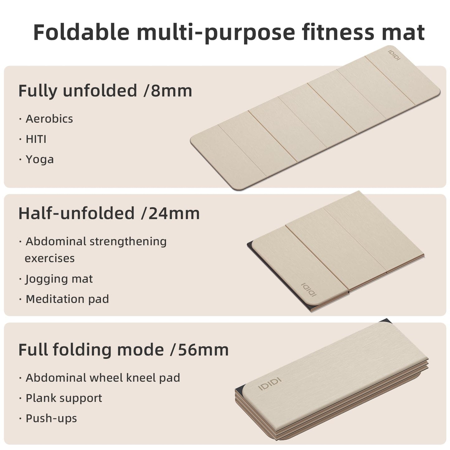 IDIDI Foldable Yoga Mat Extra Thick 0.32 Inches（8mm） - SGS Certified POE Material Exercise Mat, Non-Slip Design Fitness Mats, Multi-Purpose Workout Mats for Studio or Home Use