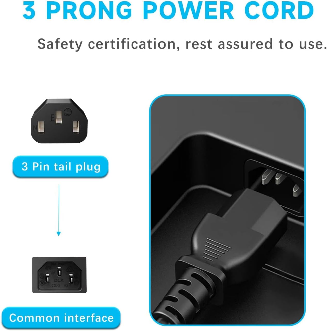 LIFKAHY 5ft 3 Prong Power Cord Replacement for HP Dell Acer Asus Lenovo Laptop Power Cable