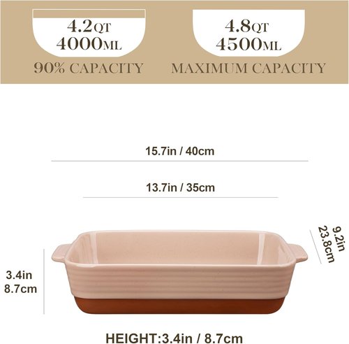 MALACASA 4.8 Qt Ceramic Baking Dish - Deep Rectangular Casserole with Handles | 9 x 13 Inch, Khaki & Pink