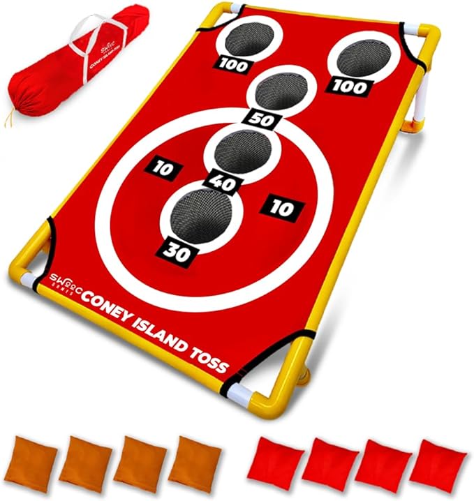 SWOOC Games - Coney Island Toss™ - Arcade Style Cornhole Board Set w/Carrying Case & 15+ Games - Corn Hole Games for Adults - Kids Bean Bag Toss Game - Kids Cornhole Set w/Bags - Outdoor Yard Games