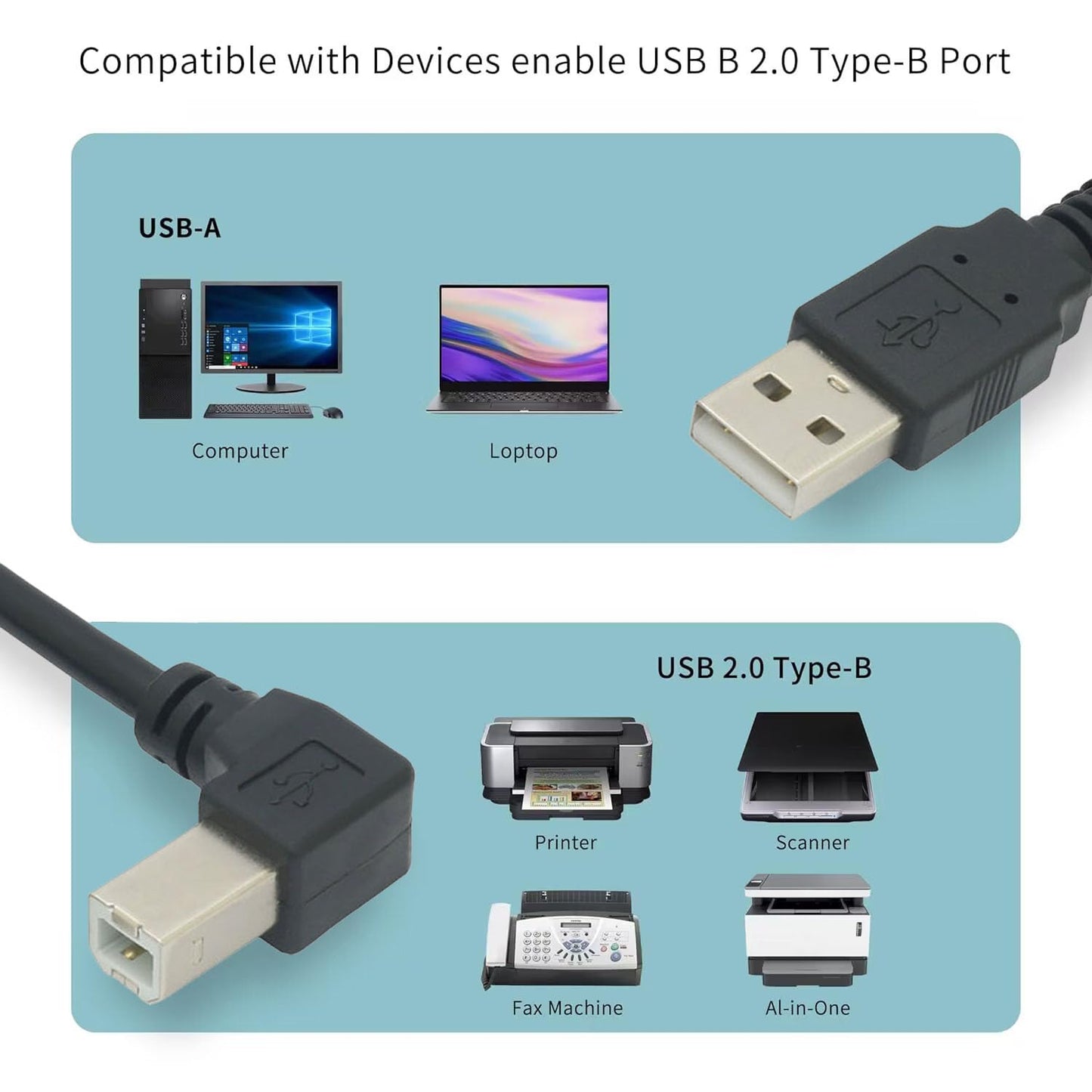 Tivid 59" 2.0 90 4.9 USB High Speed Right Angle Printer/Scanner Cable - Degree USB A Male to B Male - Feet