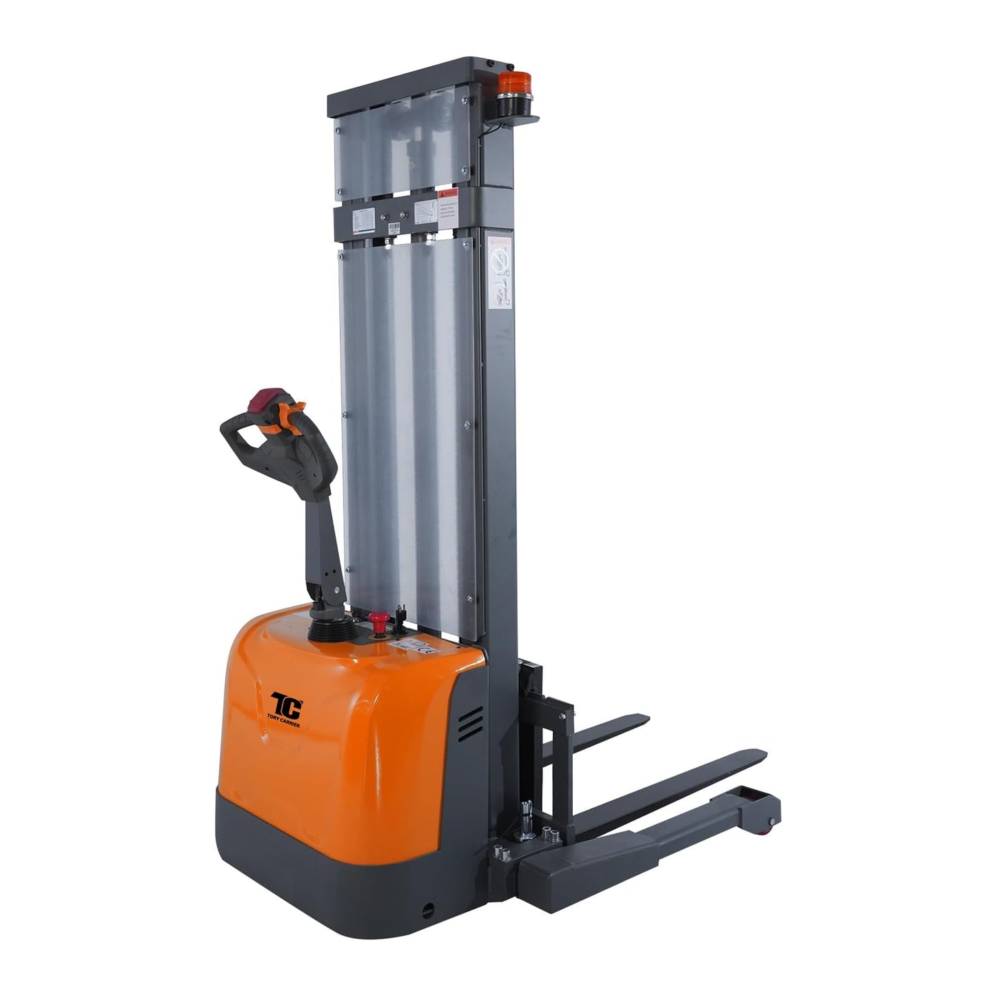 Tory Carrier Full Electric Walkie Stacker Material Lifts with Straddle Legs 98 inches Lifting Height with Adjustable Forks 3300lbs Capacity