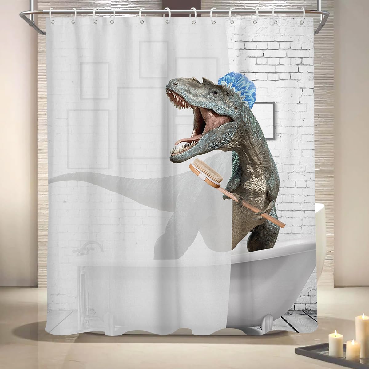 Coxila Kids Dinosaur Shower Curtain Funny Fun Dino Boy Cute Unique Toddler Adult Cartoon Silly Crazy Novelty Weird Cool Anime Monster Blue Bathroom 60 x 72 Inch Polyester Fabric 12 Pack Plastic Hooks