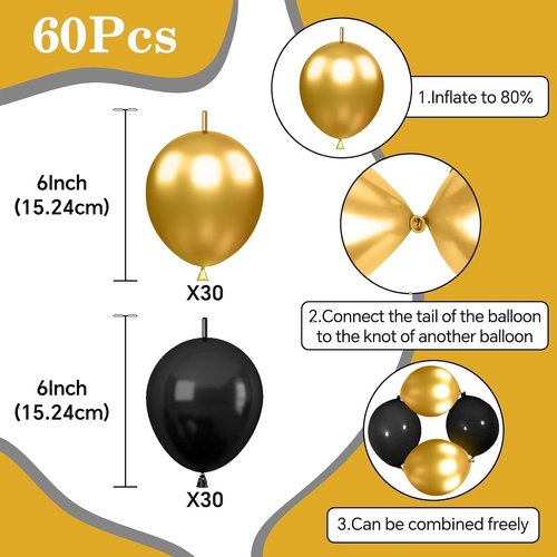 Black Gold Link Balloons - 60 Pcs 6-Inch Metallic Latex Balloons for Parties & Celebrations