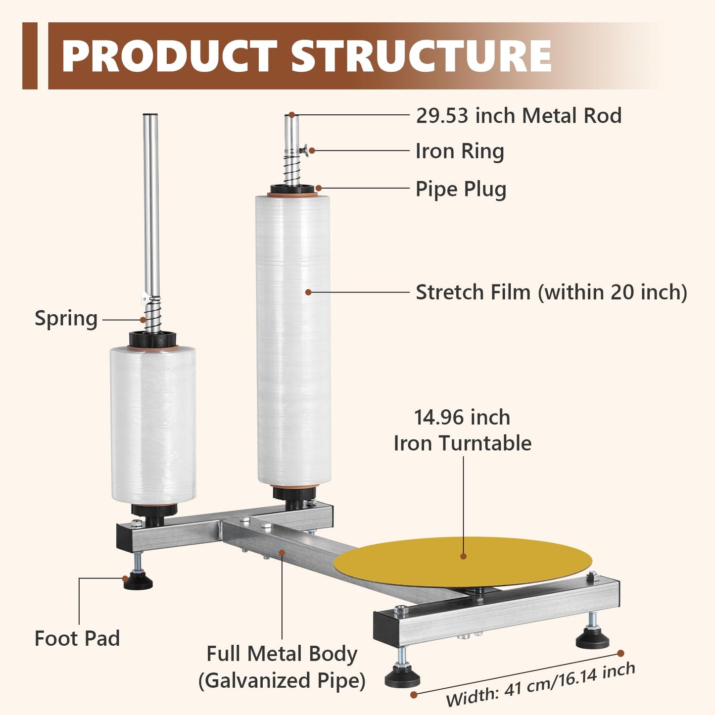 Dull Roll Manual Stretch Film Wrapping Machine with 15-inch Turntable for 12-20" Stretch Wrap Rolls, Manual Pallet Wrapper Bench for Small Business Packaging, Shipping & Warehousing