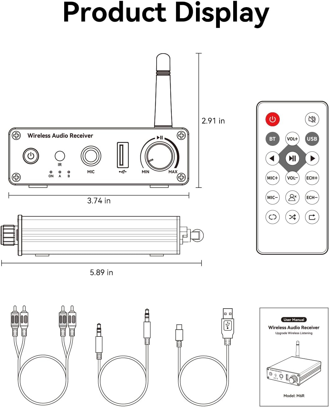 MiiTeeks 6.0 3.5mm/RCA,USB 6.5mm [Upgraded] Bluetooth Receiver,Wireless Bluetooth Long Range Low Latency for Home Audio