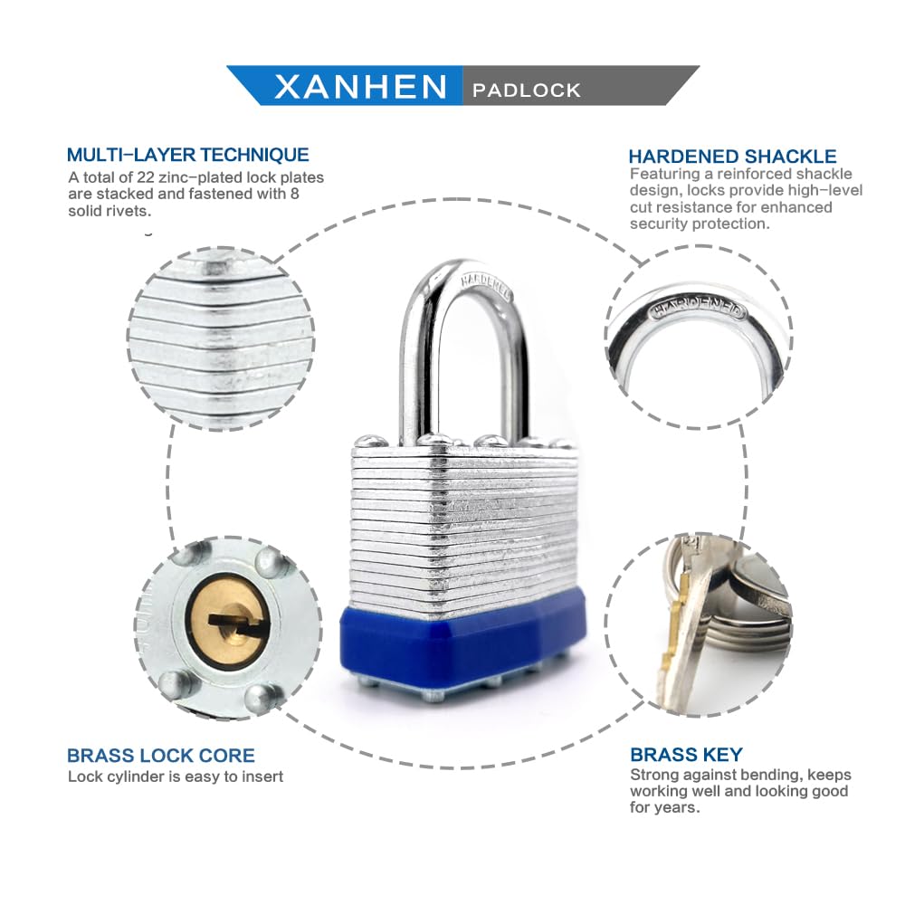 XanHen Keyed Alike Laminated Steel Padlocks, Standard Shackle, for Hasp, Shed, Fence, Storage Locker, School, Gym (100 Pack)