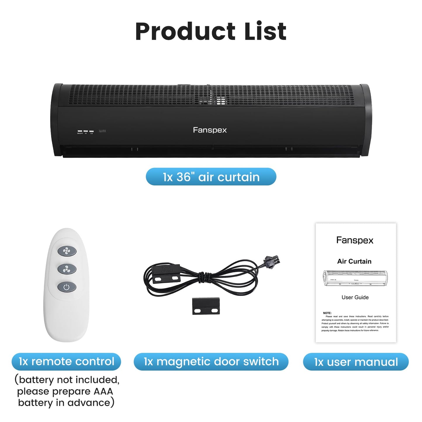 Fanspex 36" Wall Mounted Air Curtain, 2-Speed Commercial Over Door Fan for Home Garage Shop Restaurant, 120W Low Consumption with Magnetic Door Switch (Black)