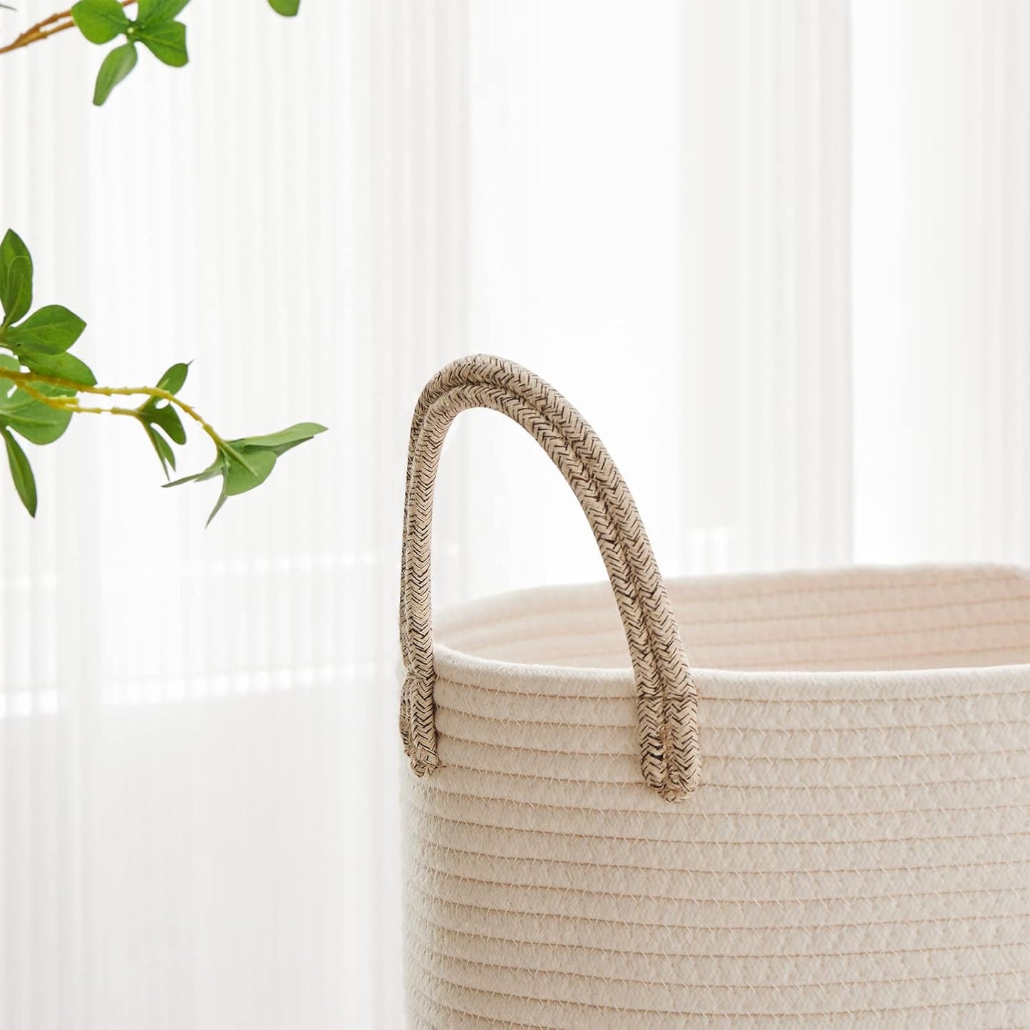 VIPOSCO Large Laundry Hamper - Tall Woven Rope Storage Basket for Blankets, Toys & Clothes | 53L White & Brown