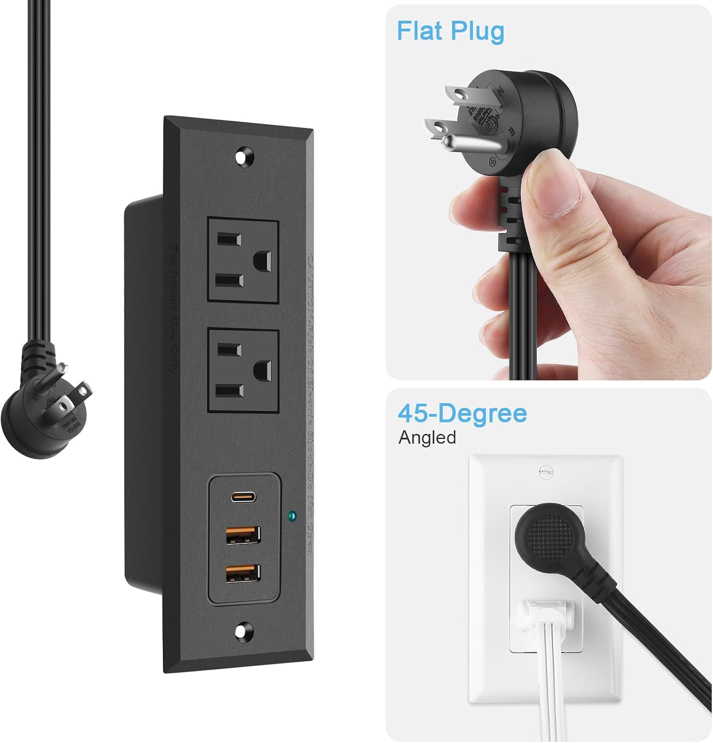 CCCEI 45 4FT 45 Recessed Power Strip with W USB C Port, Fast Charging USB A Port Desk Outlet, Furniture Hidden Charging