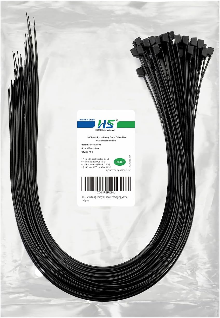 (50 Pack) 0.35 Inch 200 36 Inch HVAC,Travel,Packaging,Vessel HS Extra Long Heavy Duty Zip Tie Straps Thick Plastic Duct