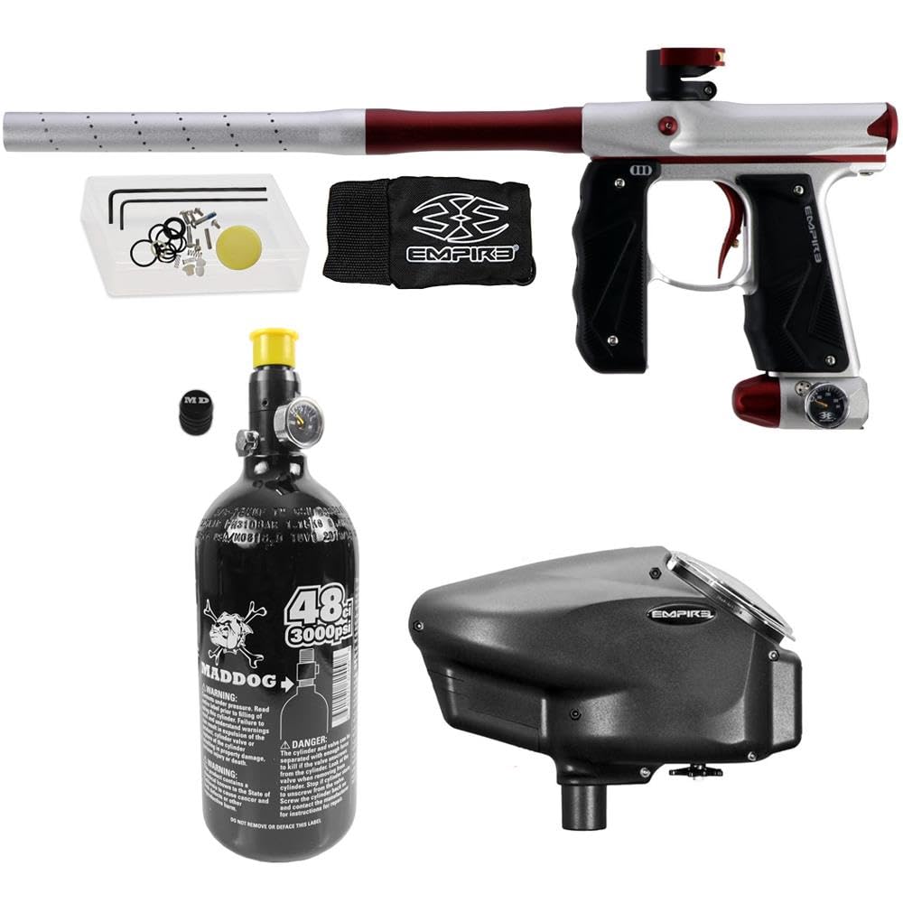 Maddog Empire Mini GS Electronic Full Auto Paintball Gun Marker w/ 48/3000 HPA Paintball Tank & Empire Halo Too Electronic Paintball Loader Starter Package - Dust Silver/Red - 2pc Barrel
