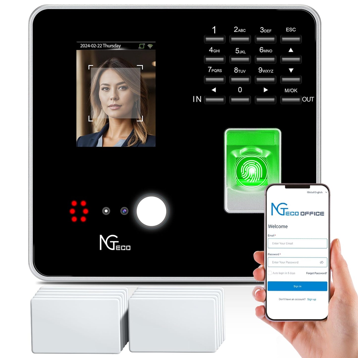 NGTeco Cloud-Based Time Clock for Small Business, 2.4GHz WiFi Attendance Machine with Remote Access, Free Software & iOS/Android App, Employee Punch Card System with RFID Cards, No Monthly Fee