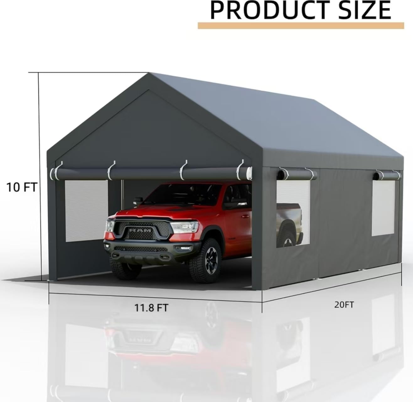 12x20 FT Heavy-Duty Design Carport,Portable Garage Canopy,Carport Canopy with Side-Opening Removable Door & Roll-Up Window,Portable Car Port for Car, Truck, Boat,Grey
