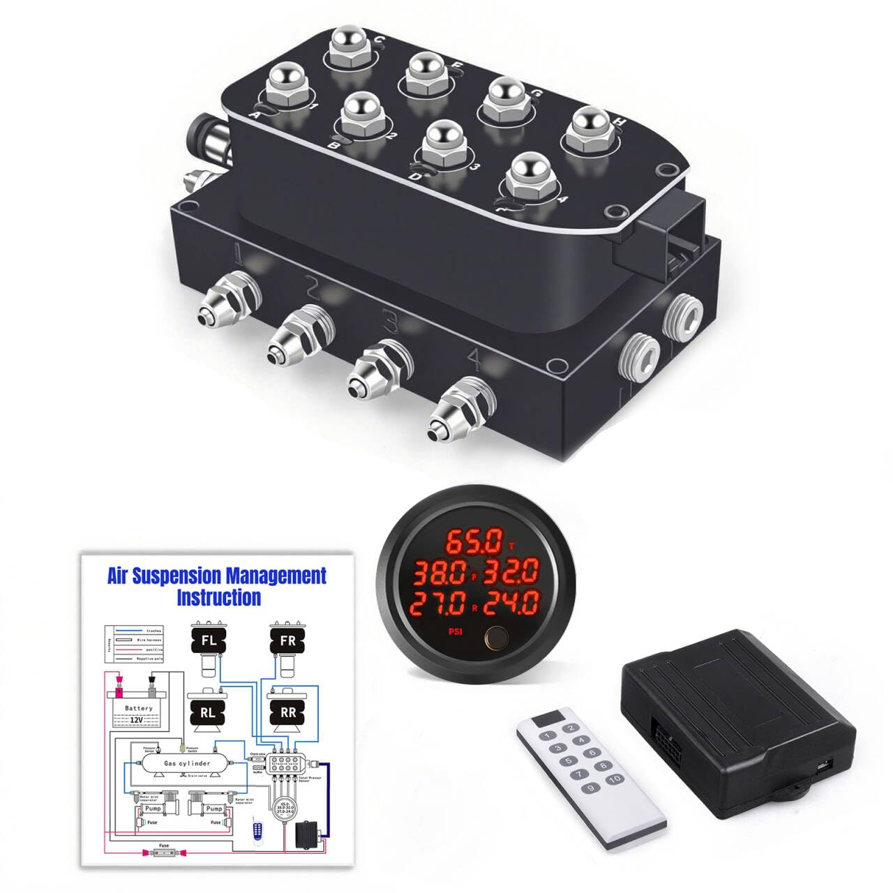 CNWZYMX 12V Air Management featuring 8-Valve Air Ride Suspension Manifold, with 10-Button Wireless Remote Controller and Five-Way Red Display Air Pressure Gauges