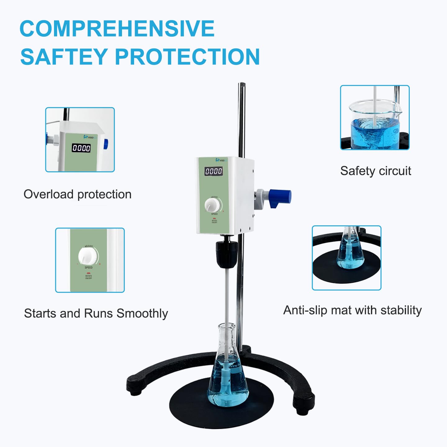 Digital Lab Overhead Stirrer,Speed 100-2000rpm,Max.Torque 20N·cm,Max.Viscosity 10000mpas,10L(H₂O), Lab Mixer with Overload Protection, Overhead Mixer with Support Stand&PTFE Stirring Rod,110-220V